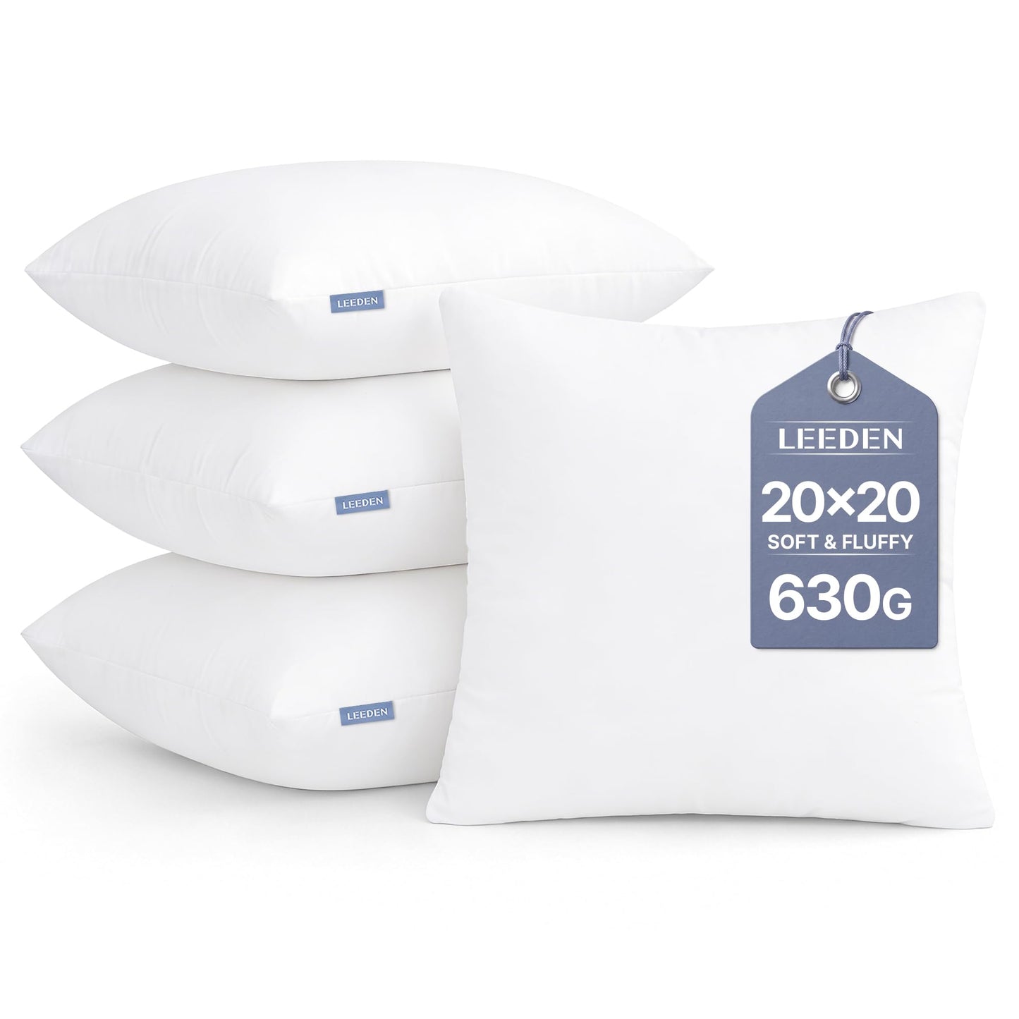 Leeden 20x20 Pillow Inserts Pack of 4, 20 Inch Throw Pillow Inserts, Soft Fluffy Decorative Square Throw Pillows for Couch, Sofa, Bed, and Home Decor White Pillows
