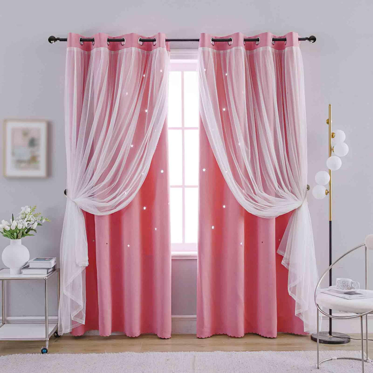 Anytime Star Cut-Out Blackout Curtains for Bedroom 2 Panels,2-Layers Mix Design of Fabric & Tulle,Pretty Pure Color Window Curtain for Kids Room(W52 x L84,Pink)