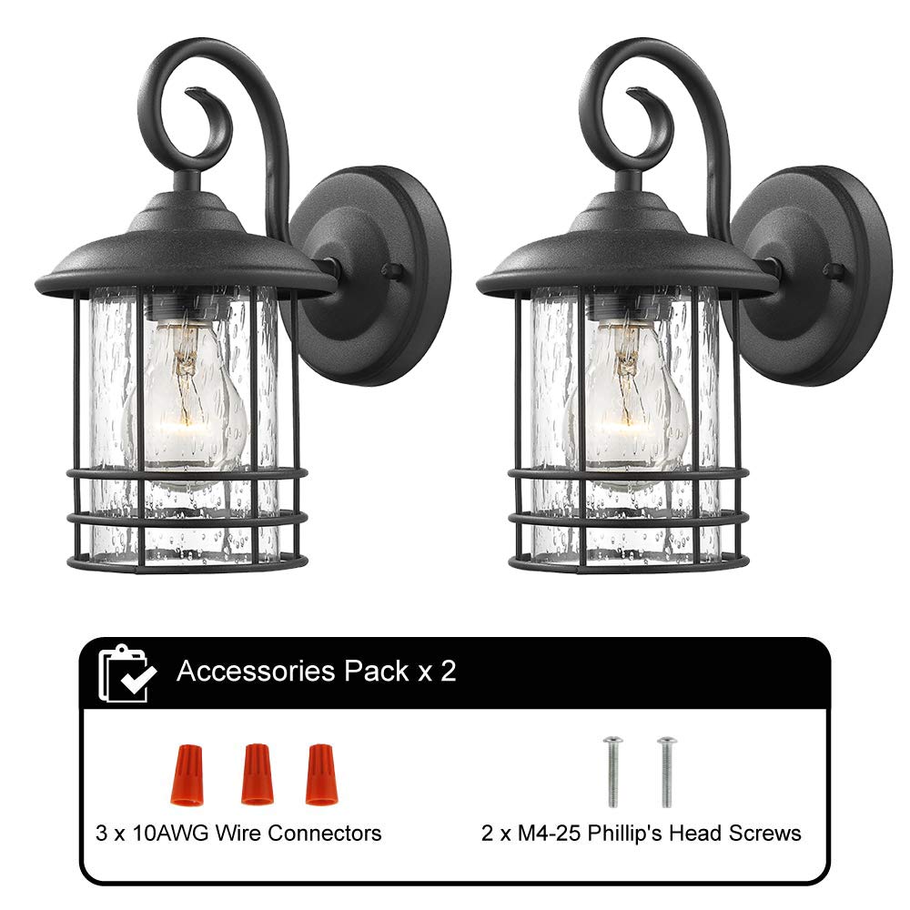 Emliviar 1-Light Outdoor Wall Lantern 2 Pack, Exterior Wall Lamp Light in Black Finish with Clear Seeded Glass -Twin Pack, OS-1803CW1