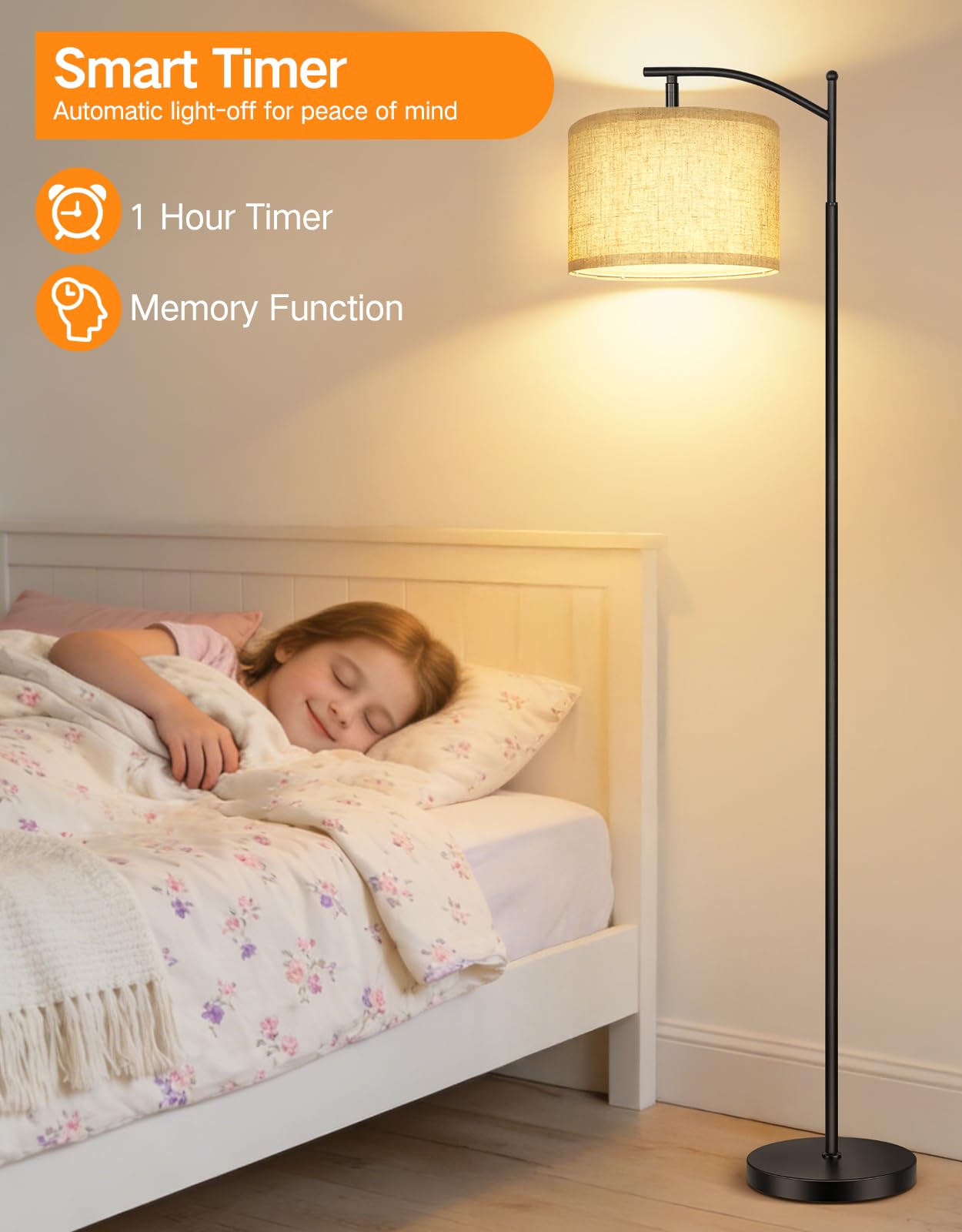 OUTON Arc Floor Lamp with Remote and Foot Switch, Dimmable Standing Lamp with 4 Color Temperatures, 5%-100% Brightness, Adjustable Head, 1-Hour Timer, Memory Function for Living Room Office