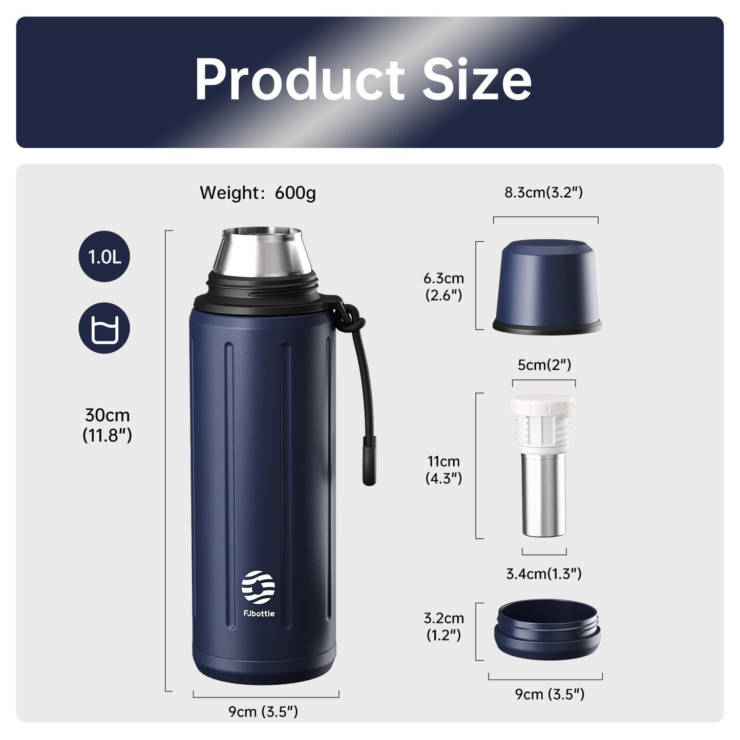 Heater 1L Thermo Water Bottle with Cup(72 hrs Ice Cold & 24 hrs Hot) Flask for hot Water with Removable Base and Filter 18/8 Stainless Steel Coffee Flask for Travel Office and School(Dark Blue)