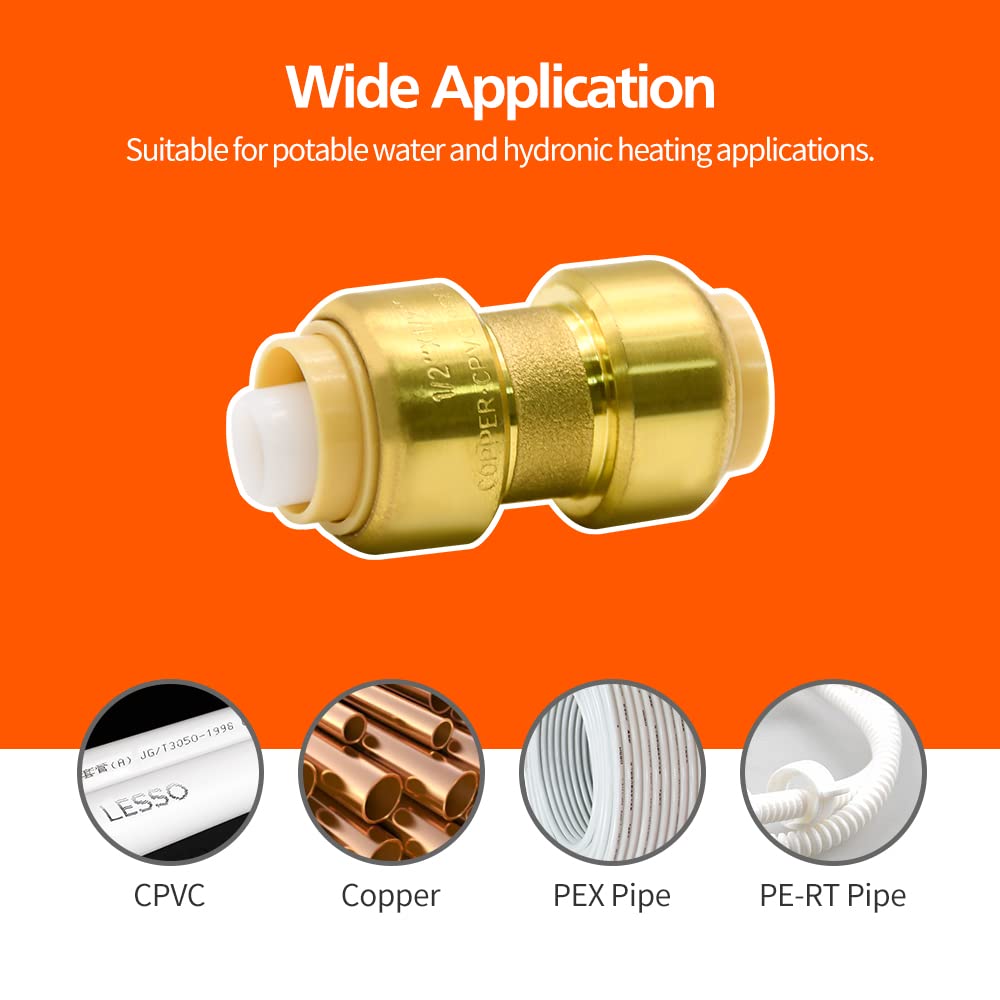 6 Pack 1/2" Push-to-Connect Plumbing Fittings, 1/2" Straight/Elbow/Tee Plumbing Fitting with 1/2" Disconnect Clip, Lead Free Brass Pushfit Fittings for Copper, PEX, CPVC Pipe