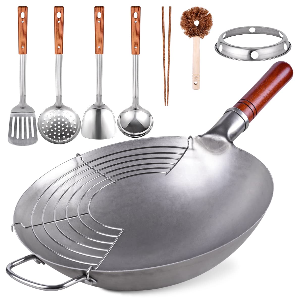 Teewe Carbon Steel Wok - Traditional Hand Hammered 13.4" Round Bottom Wok Pan Set with 8 Pcs Accessories