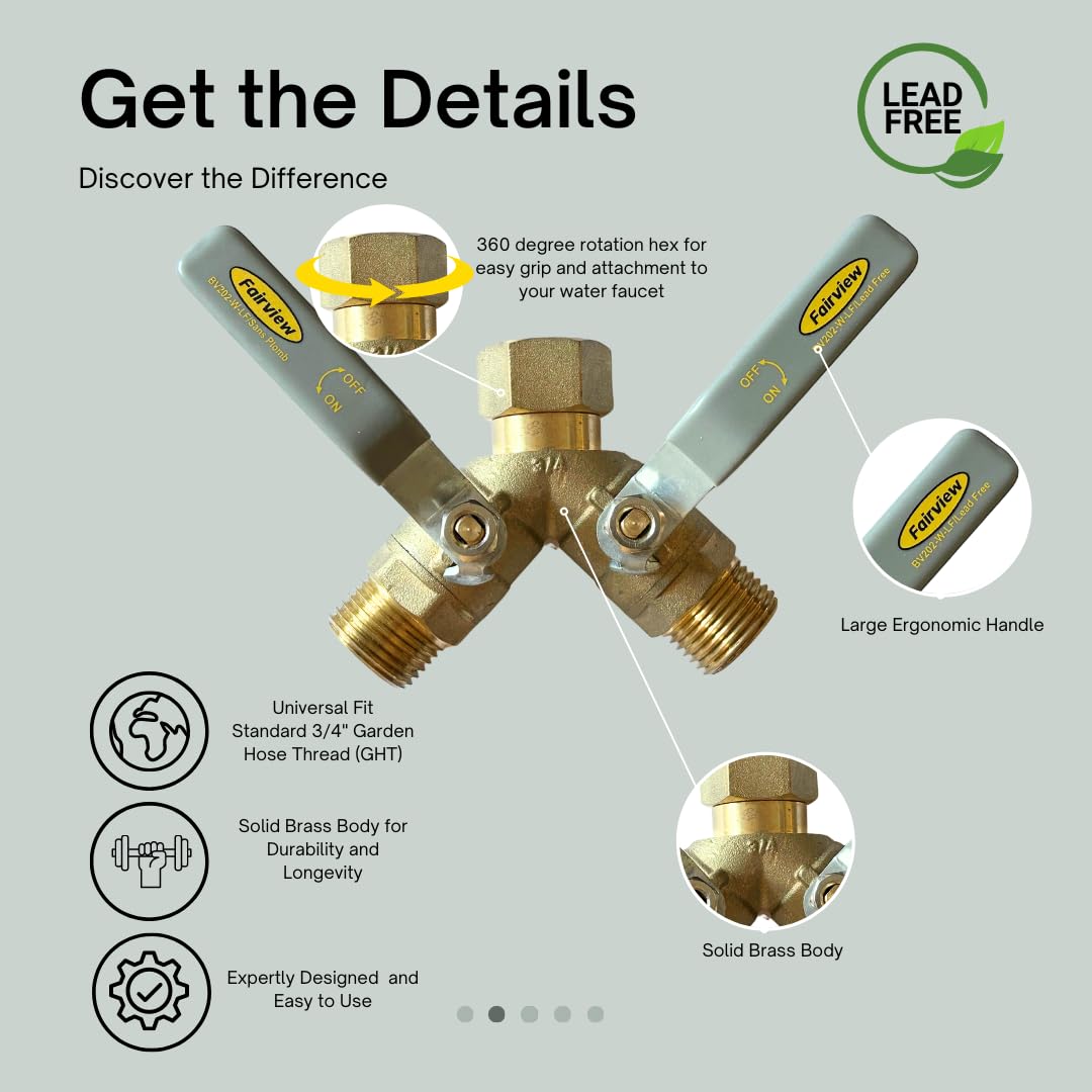 FAIRVIEW-Lead-Free, Industrial-Grade Garden Hose Splitter, Oversized Handles, Full-Port Valves with HEX Connector