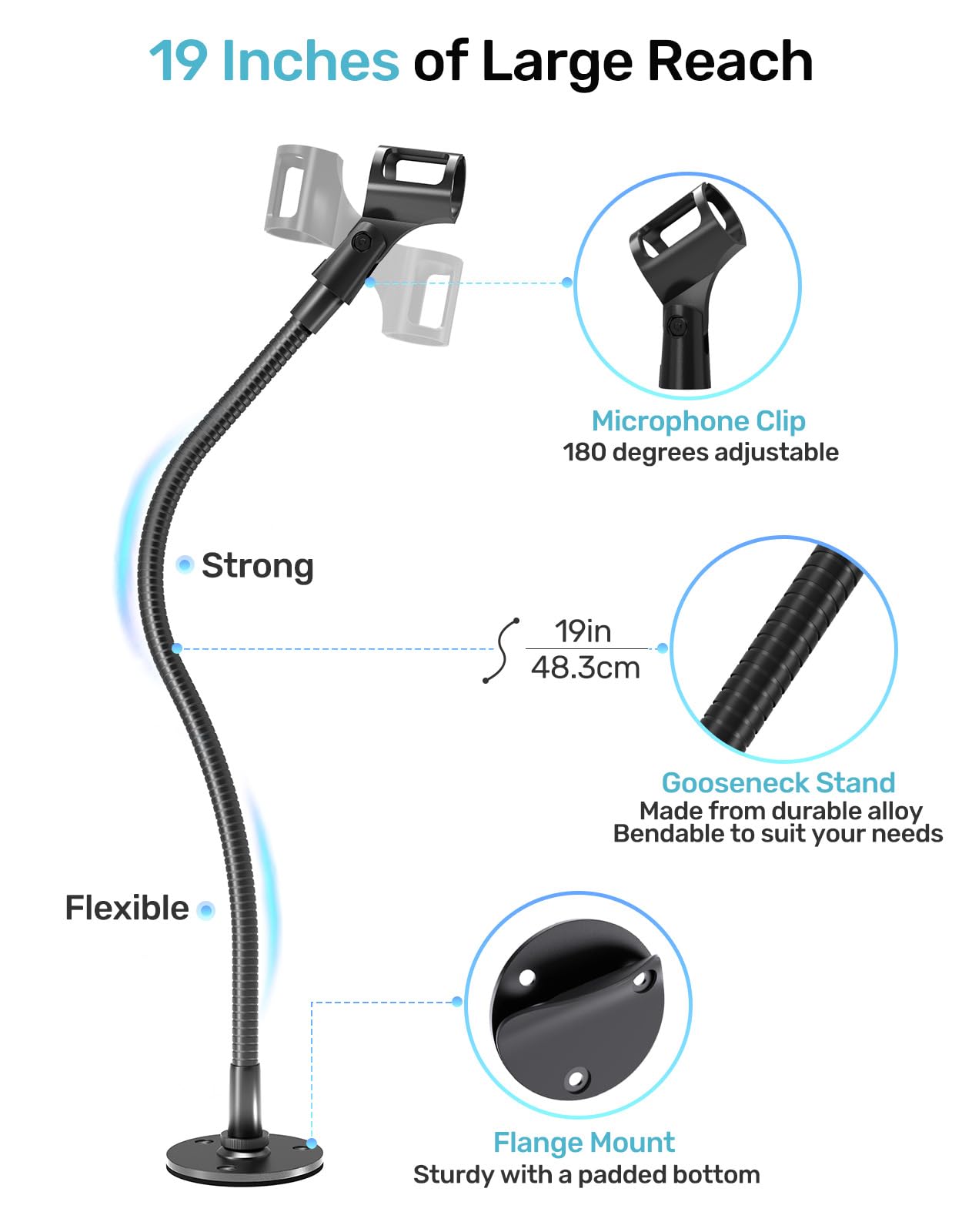 19-inch Gooseneck Microphone Stand, Heavy-Duty Flexible Mic Holder with Flange Mount Base, Ideal for Podium, Studio, Podcasts, Lectures, Gaming and Streaming