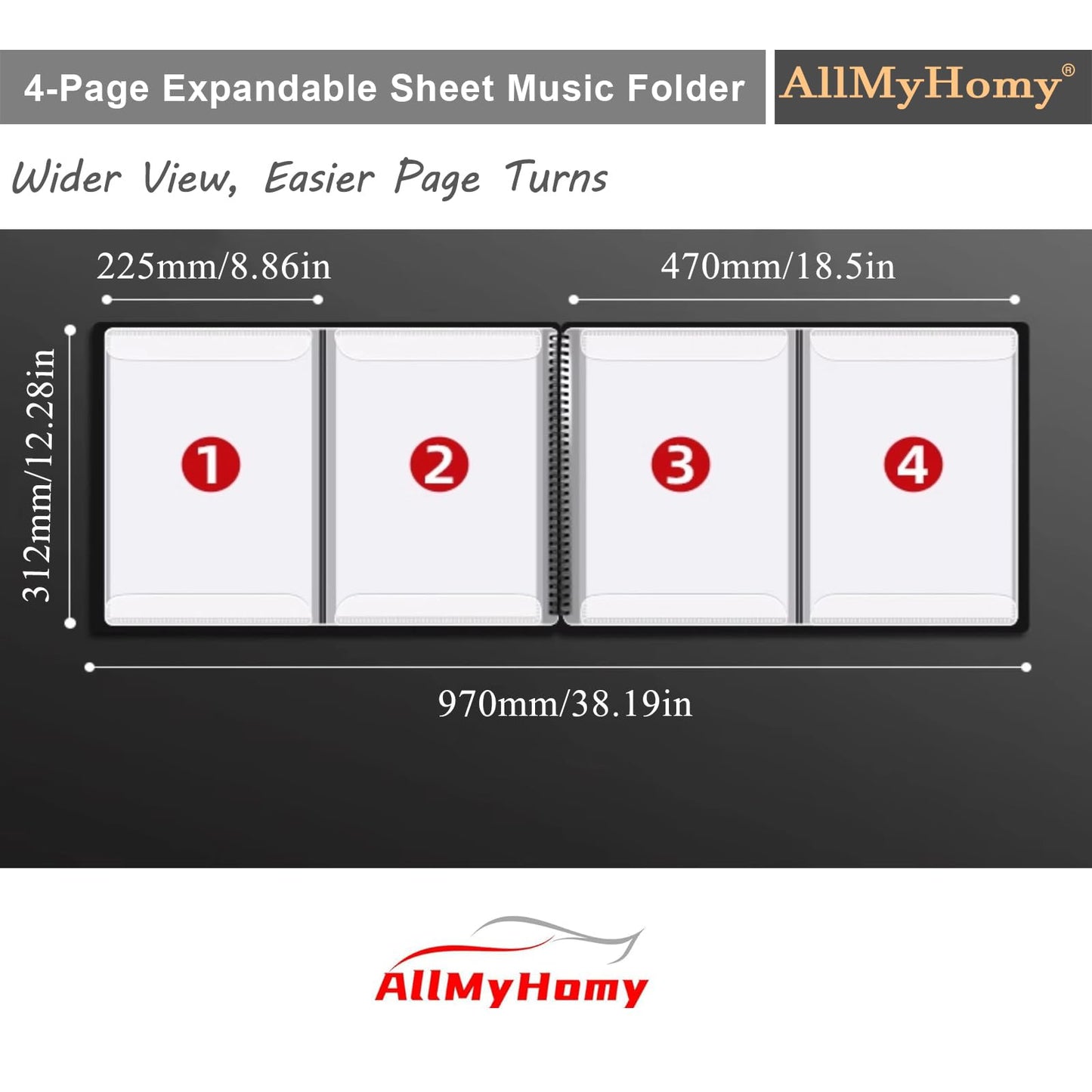 AllMyHomy 4-Page Expandable Sheet Music Folder, Tri-Fold Music Binder for Letter Size 8.5 x 11 & A4, 30 Sleeves/60 Pages, for Piano, Violin, Band & Orchestra, Black