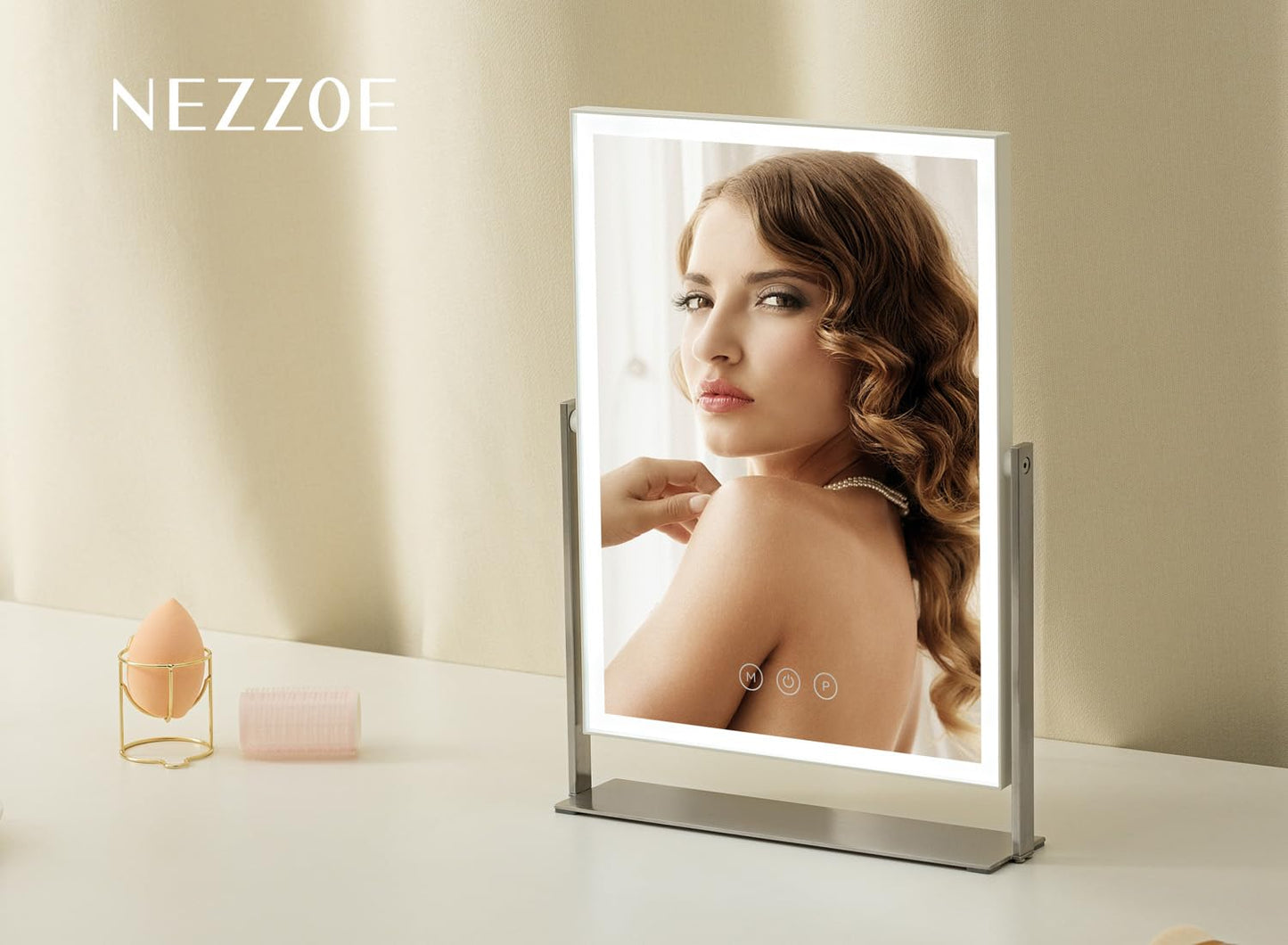 14 Inch Rechargeable Lighted Makeup Mirror, Vanity Mirror with 104 LED Lights, Rectangular Desk Mirror with Light, Metal Table Mirror with Stand, 3000mAh Battery