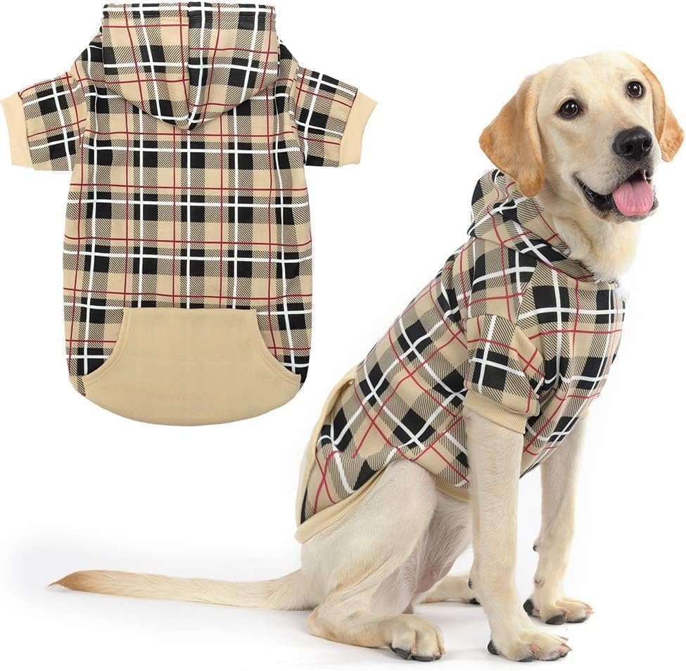 EXPAWLORER Plaid Dog Hoodie - British Style Warm Dog Sweater Shirt with Leash Hole,Pitbull Clothes Outfits,Winter Coat Apparel for All Breeds Puppy Girl Boy-Cat Apparel,Beige XL-XXLarge