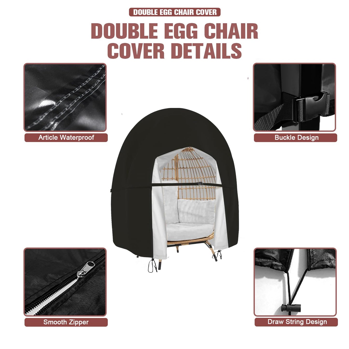 KCCLPRE Double Egg Chair Cover Waterproof Patio Hanging Extra Large Zipper Heavy Duty Swing Outdoor Wicker Furniture Person Egg Chair Covers Windproof Anti-UV Dustproof 91x80 Inch Black