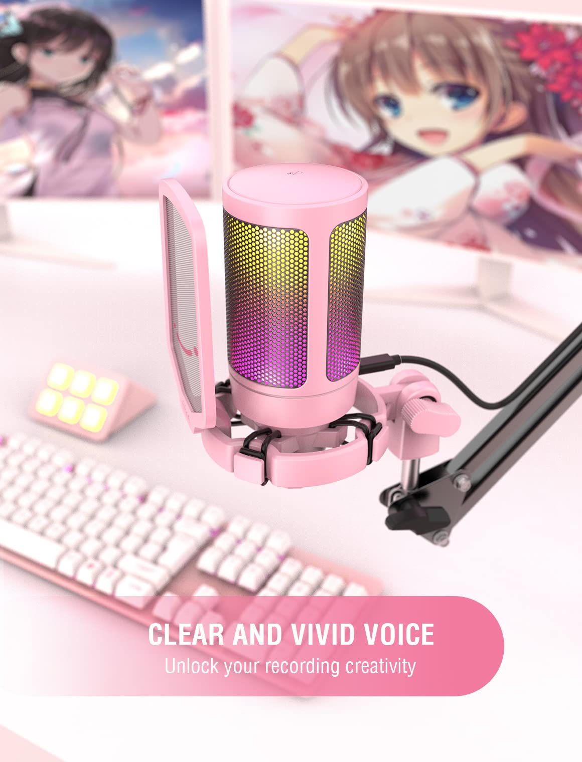 Fifine USB Gaming Microphone for PC PS4 PS5, Streaming RGB Computer Condenser Cardioid Mic with Mute Button, Volume Gain, Ideal for, YouTube, Video Podcasts-Pink A6P