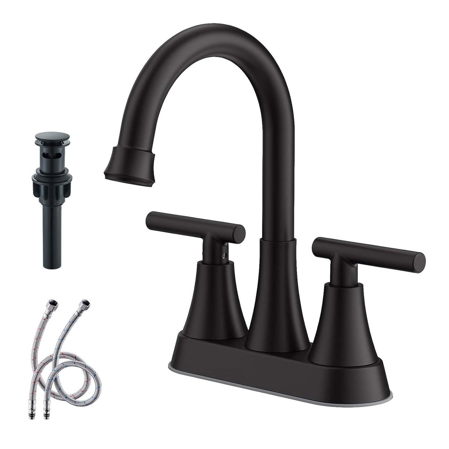 Alenart Matte Black Bathroom Sink Faucet Two Handle Stainless Steel Bathroom Sink Faucet with Pop-up Drain and Supply Hoses, 4 inch Bathroom Faucet for RV Bathroom Vanity washroom Faucet