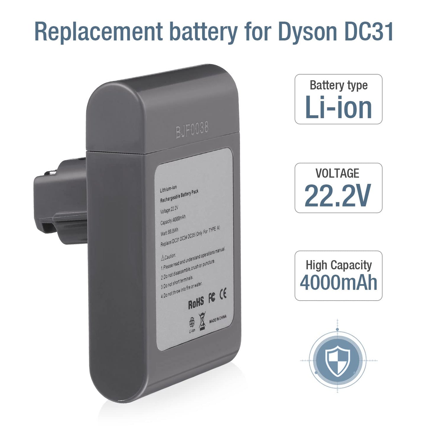Dutyone DC31 Type A 4.0Ah 22.2V for Dyson Battery Replacement, Compatible with Dyson Replacement Battery DC34 DC35 DC44 (Not Fit Type B, DC44 MK2) 917083-01 Handheld Vacuum Lithium ion Battery