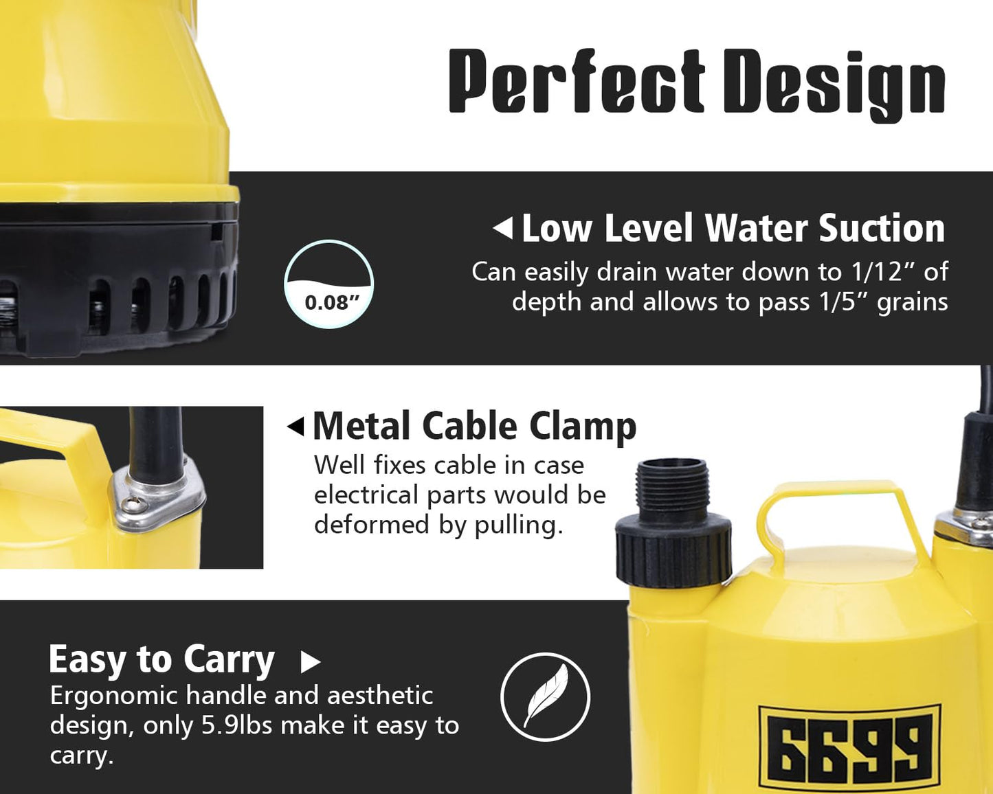 6699 1/6HP Portable Utility Pump Submersible Small Backup Sump Pump Draining to Remove Water from Flooding House Basement Pool Tankless Heater Flushing Pump with 10-Foot Cord SUB 1100