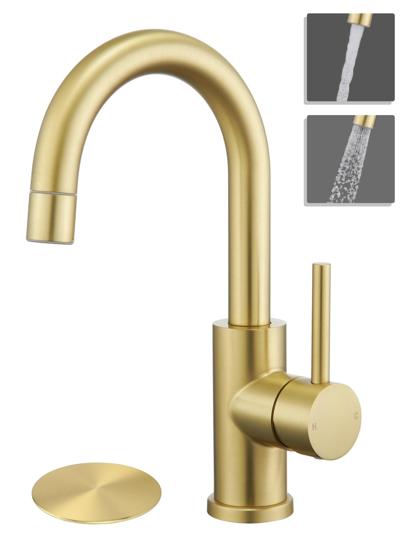 Tohlar Gold Bathroom Faucet, Brushed Gold Bathroom Sink Faucet with Sprayer, RV Vanity Small Kitchen Faucet with 360° Rotation Spout, Single Hole Bar Sink Faucet with Pop Up Drain, 24” Supply Hoses