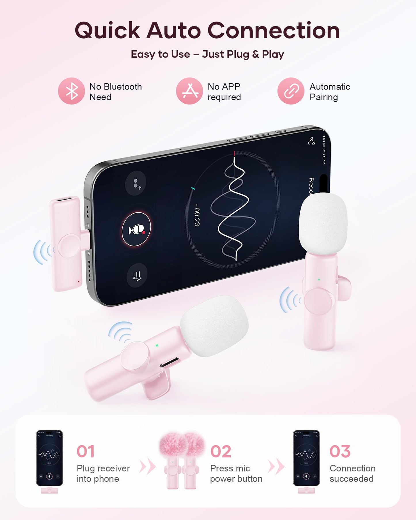 Wireless Lavalier Microphone for iPhone iPad and Android Phone, 2 Pack Lapel Mic with Noise Reduction,Plug and Play Wireless Mini Microphone for Video Recording Interview Podcast YouTube TikTok (Pink)