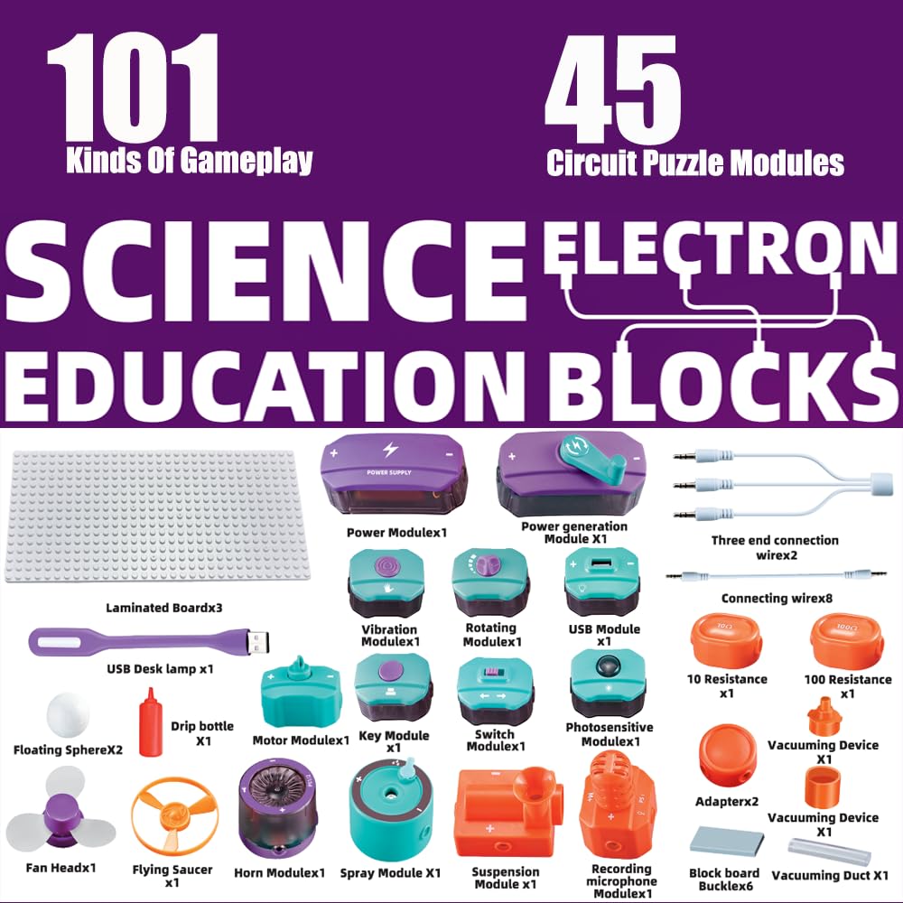 Circuit Board for Kids with 101 Experiments Learning Electricity, 45 PCS Circuit Blocks Board, DIY Electronics Exploration Kit, Physics Science Circuits Toy, STEM Projects Educational Toy for Children