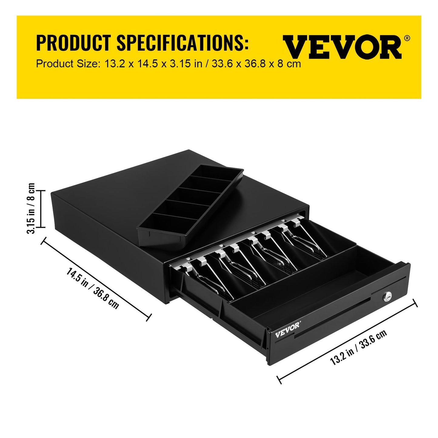 VEVOR Cash Register Drawer, 13" 12 V, for POS System with 4 Bill 5 Coin Cash Tray, Removable Coin Compartment & 2 Keys Included, RJ11/RJ12 Cable for Supermarket, Bar, Coffee Shop, Restaurant(USD Only)