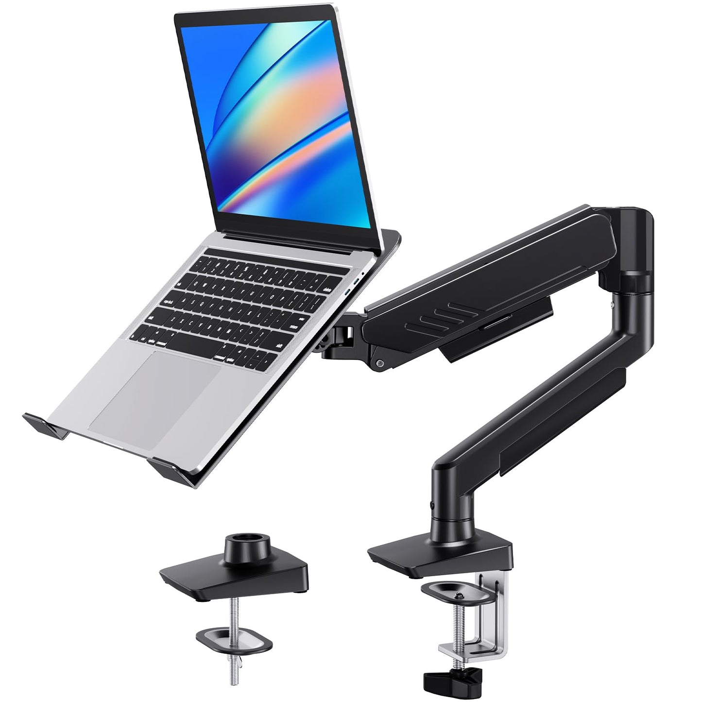 HUANUO 2 in 1 Function Laptop Mount with Tray, Fits 13-34″ Monitors & Up to 17″ Notebook, Ergonomic Laptop Arm with Full Motion Adjustment, Pre-Assembled for Easy Setup, VESA 75x75mm/100x100mm