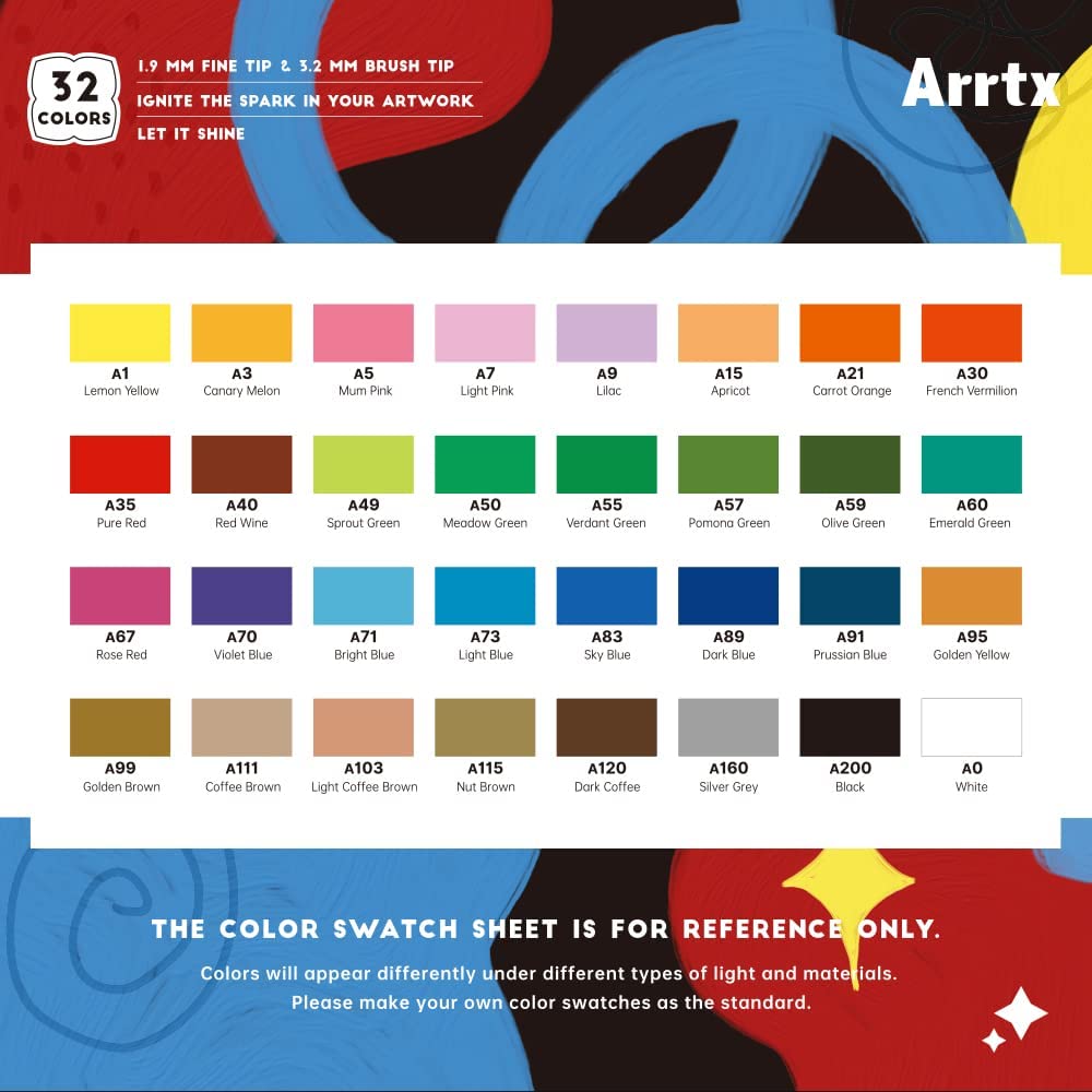 Arrtx Acrylic Paint Pens, 32 Colors Dual Tip (Brush & Fine) for Rock Painting, Fabric, Wood, Plastic, Canvas, Easter Eggs