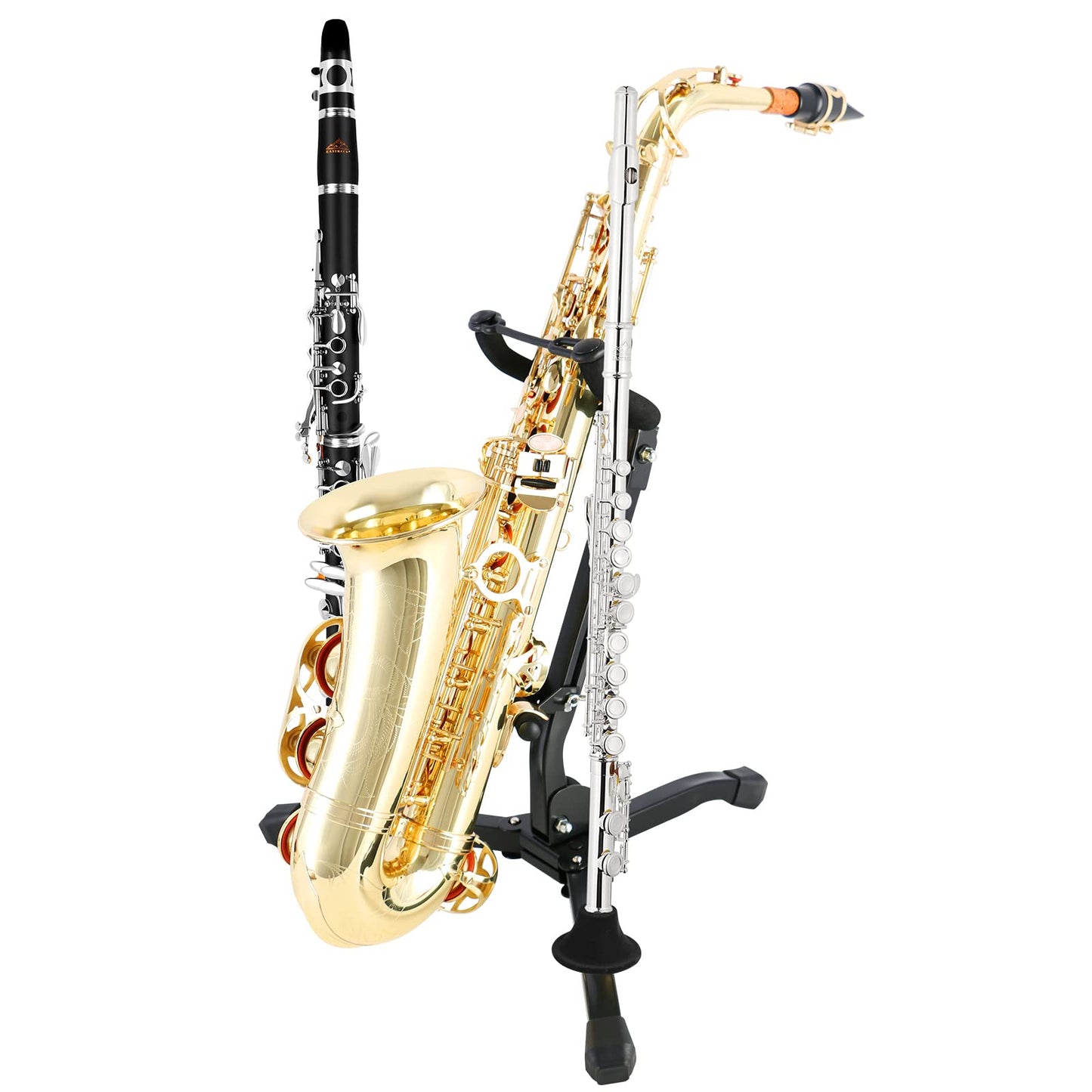 EASTROCK Alto & Tenor Saxophone Stand - Folding Saxophone Holder Rack with 2 Detachable Flute/Clarinet Holders - Carrying Bag