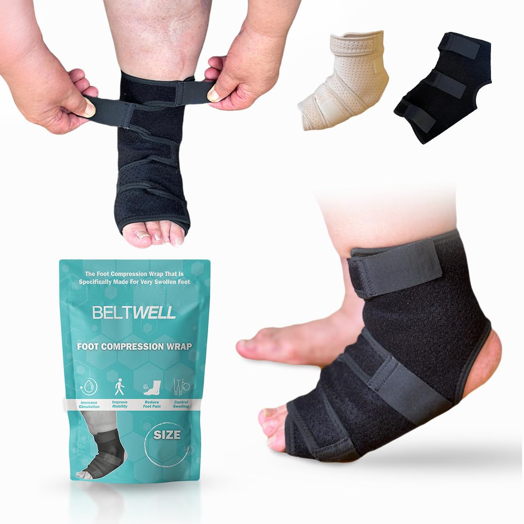 Beltwell® - Adjustable Foot & Ankle Compression Wraps For Edema, Lymphedema, Swelling, Neuropathy, Diabetic Foot Care, Circulation (2 Wraps) (Large) (Black, X-Large)