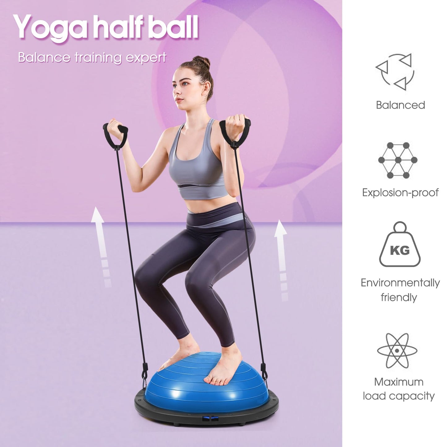 Balance Ball Trainer, 26 inch Half Exercise Ball with Resistance Bands, Home Gym Full Body Workout Equipment, Blue