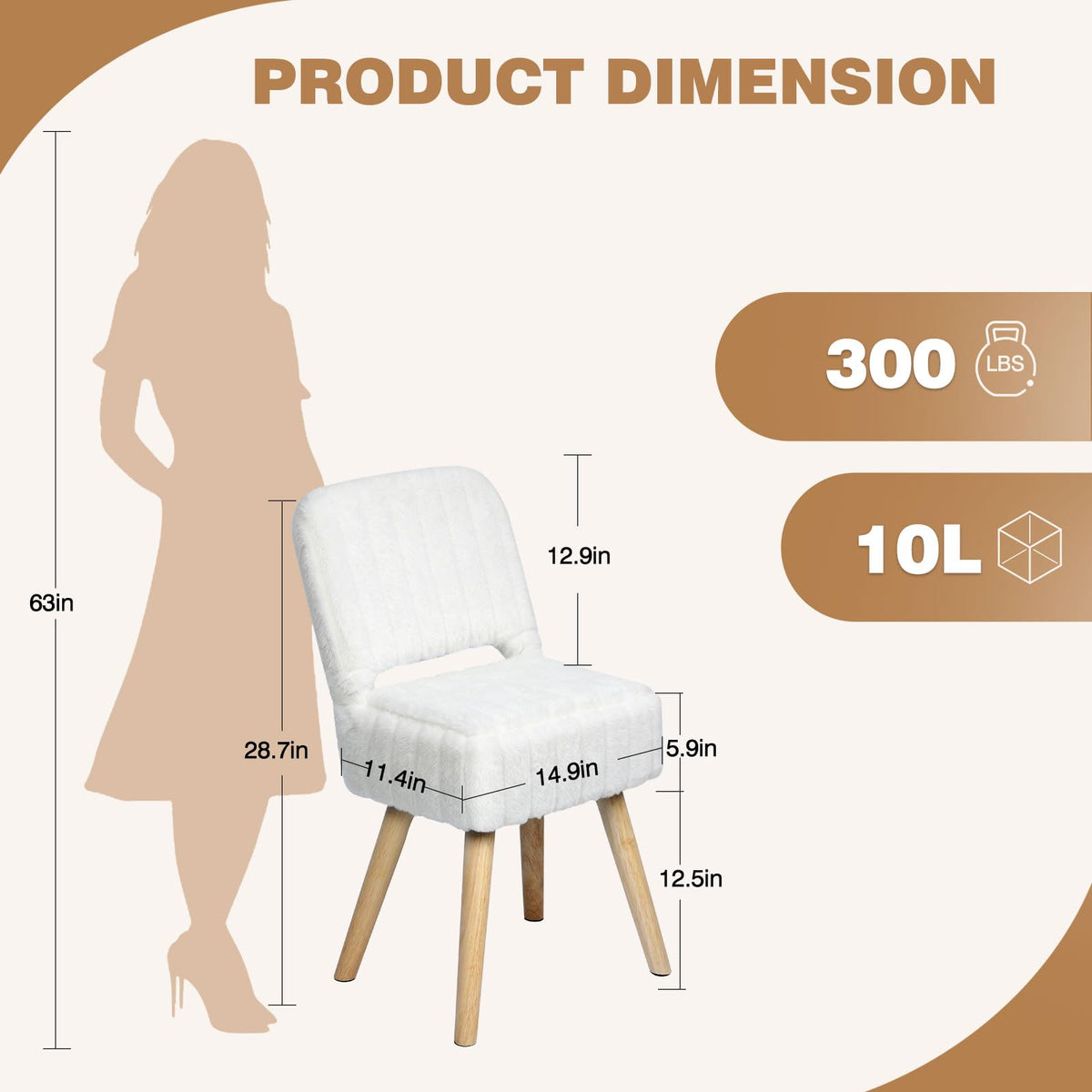 KANEODOT Vanity Stool with Folding Backrest & Storage,Faux Rabbit Fur Small Makeup Chair with 4 Solid Wood Legs,11.4" D x 14.9" W x 28.7" H,Soft Ottoman for Living Room,Bedroom,Closet,White