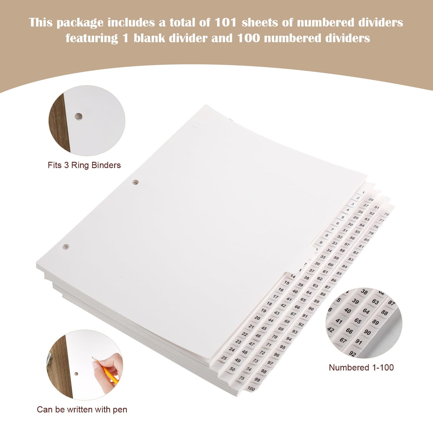 Yeaqee 1-100 Numbered Tabs Dividers for 3 Ring Binders 8.5 x 11 Inch Letter Size Numbered Dividers White Binder Index for File Notebook