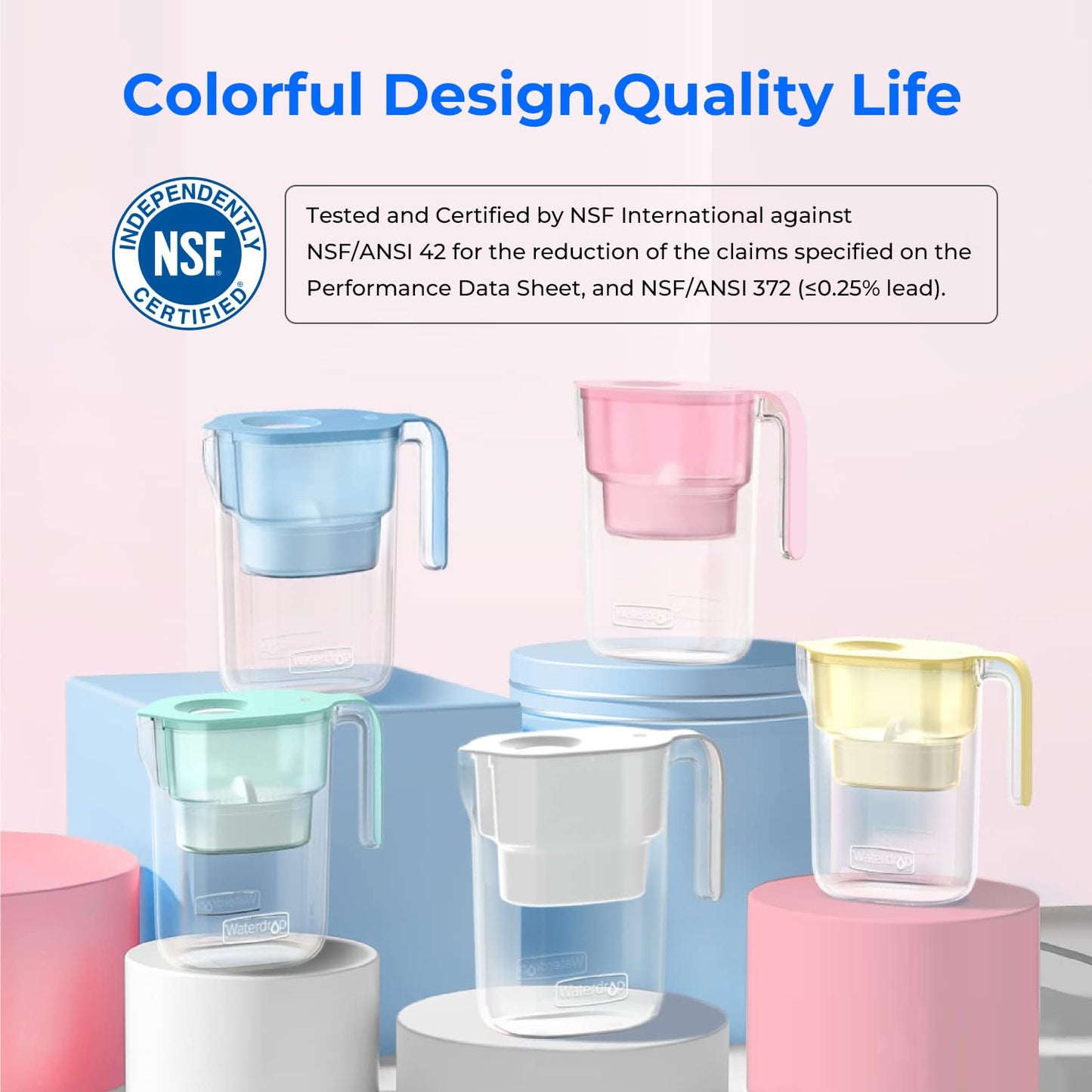 Waterdrop PT-05P Water Filter Pitcher, 7-Cup Capacity, NSF Certified, 5X Longer Filter Life, Up to 200 Gallons, for Fridge, Countertop, and Gift Giving, Reduces PFOA/PFOS, Chlorine, Pink