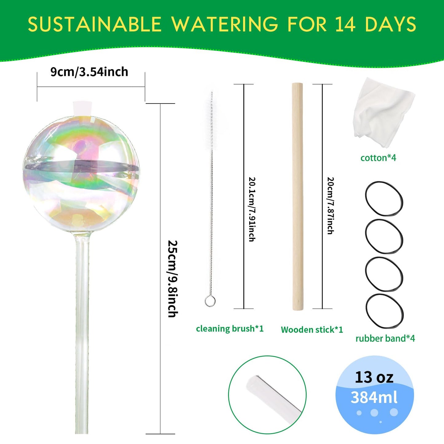 13 oz Up 2 Weeks Large Plant Watering Globes - Self Watering Bulbs for Indoor & Outdoor Plants, Glass Water Globes, Slow Watering for Plants While Away, Self Watering Planter Insert 4 Pack
