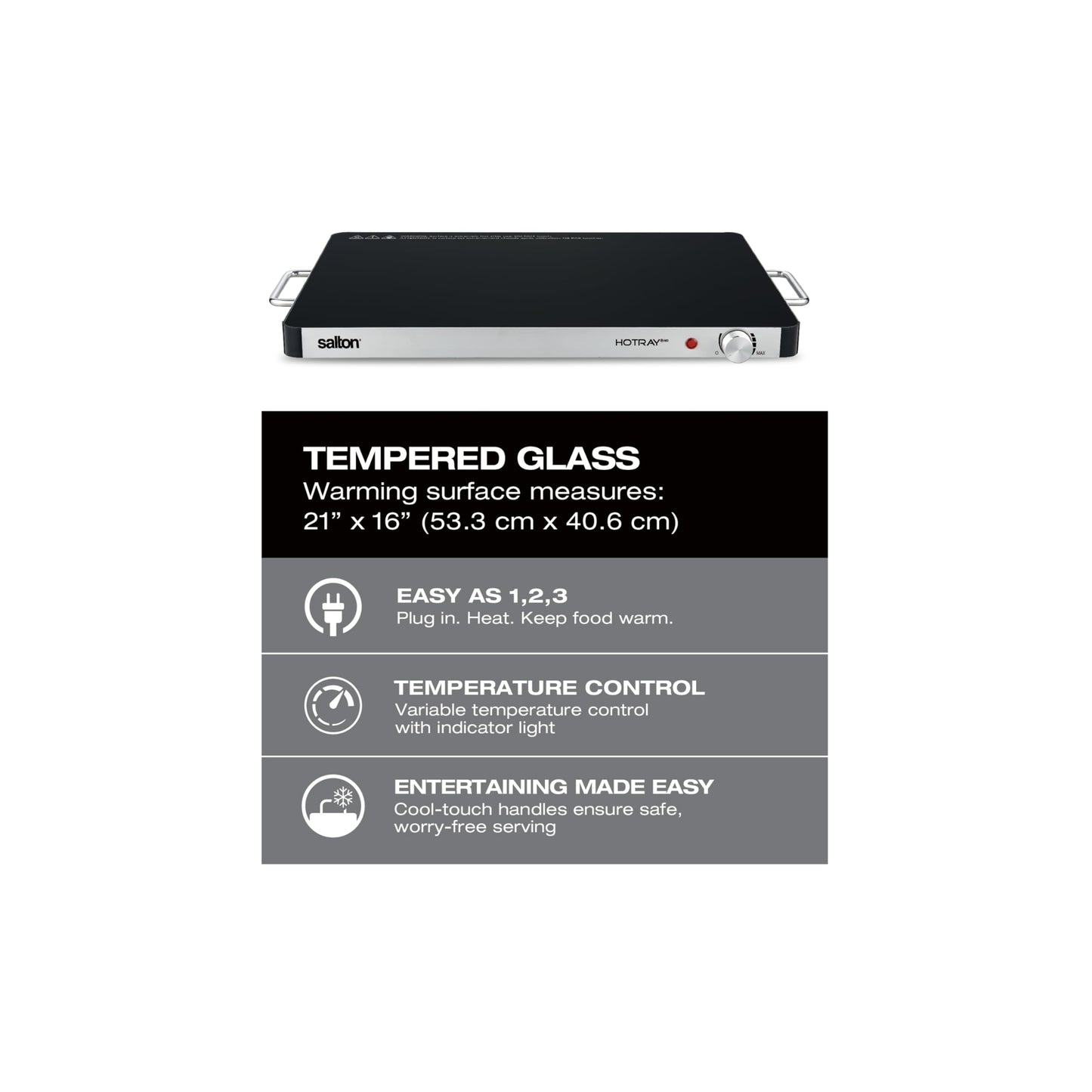 Salton Hotray XL Warming Tray | 21” x 16” Tempered Glass Surface | Variable Temperature Control | Cool-Touch Handles | for Parties, Gatherings, and Everyday Use | Easy-to-Clean | 400W | WT2148