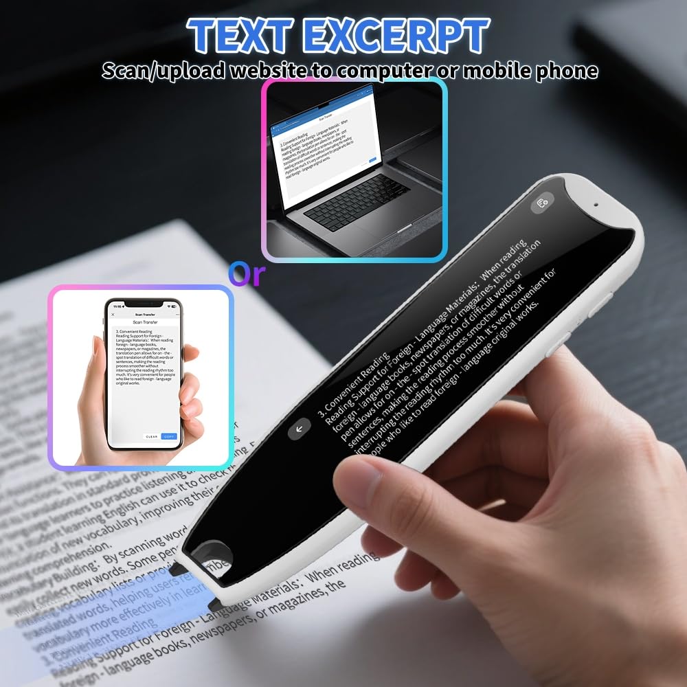 Scan Reader Pen for Dyslexia & Language Translation – 142 Languages Text-to-Speech OCR Translator Device with Voice Recording & Touchscreen, Ideal for Elderly, Kids, Students (White)