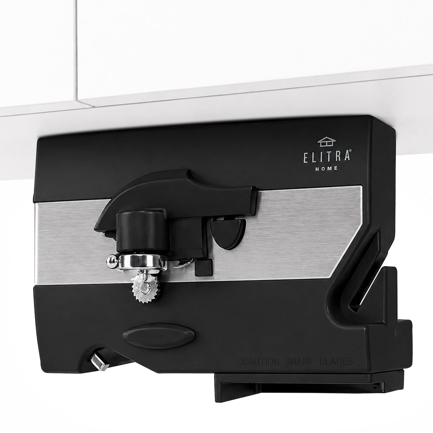 Electric Can Opener - 4 in 1 Under the Cabinet Mounted Can Opener, Blade Sharpener, Bottle Opener, Jar Opener, Mounting Bracket, Large or Small Cans for Seniors with Arthritis - Elitra Home (Black)