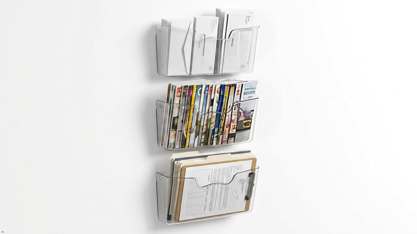 Simple Houseware Clear Plastic Single Pocket Wall Mount for Hanging File Holder, 3 Packs