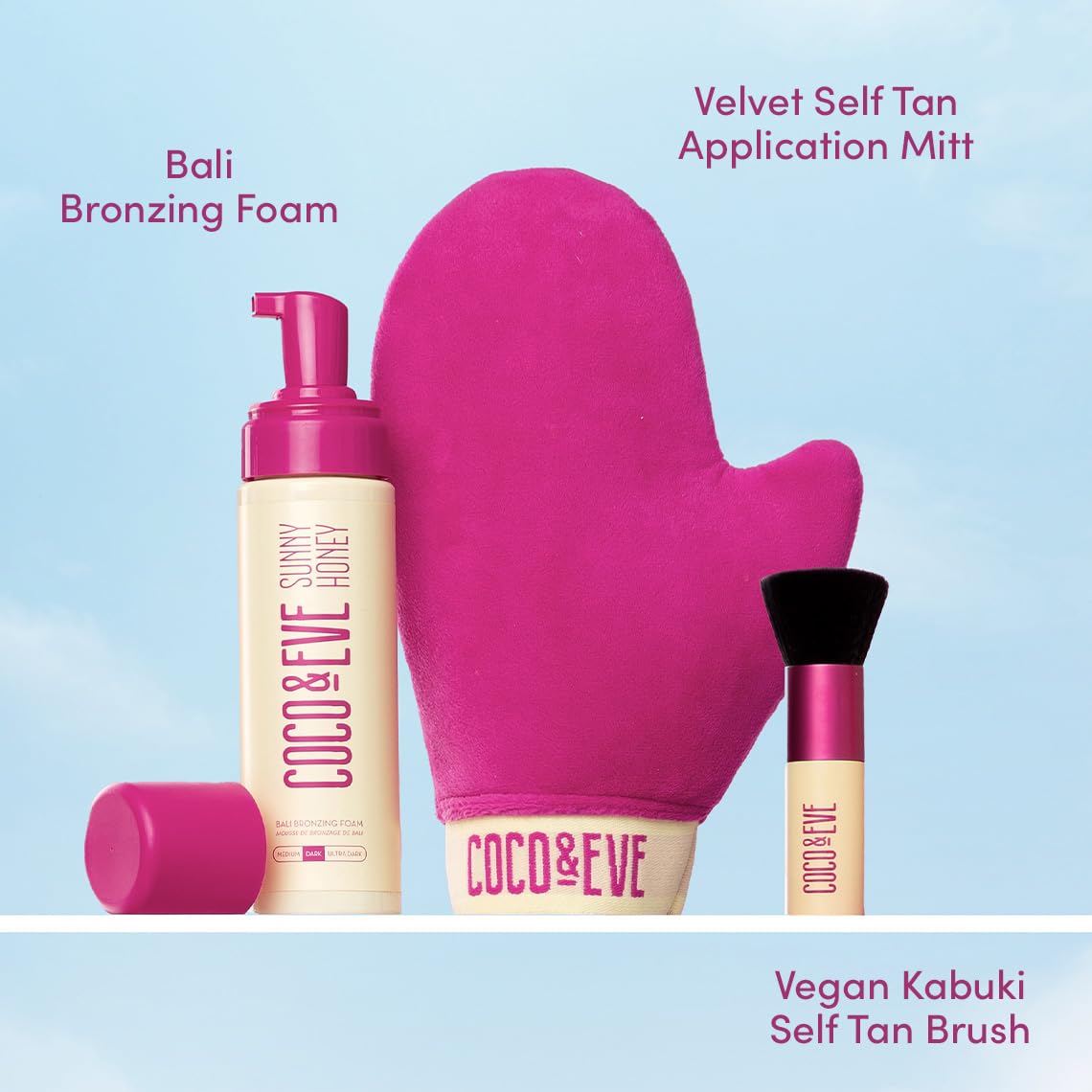 Coco & Eve Sunny Honey Bali Bronzing Bundle. All Natural Sunless Tanning Mousse. Instant Self Tanning Lotion with Bronzer, Mitt Applicator and Kabuki Brush. (Medium)