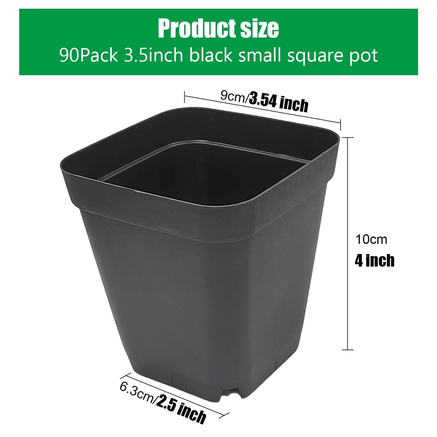 RooTrimmer Square Nursery Pots 3.54Inches 90 Pcs Seedling Flower Post Plastic Thick Seed Start Germination for Plant Propagation,Sturdy Suit for 1020 Trays(Black,3.54Inches,90Pcs)
