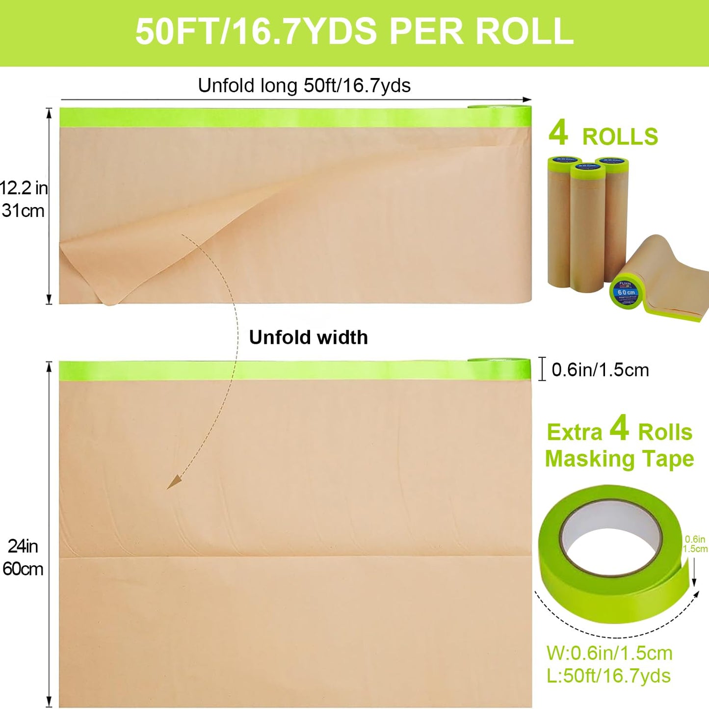 InnoStars Pre-Taped Masking Paper for Painting - 24 inch x 50 feet Tape and Drape Painters Paper, Paint Adhesive Protective Paper Roll for Covering Skirting, Frames, Cars and Auto Body (4 Rolls)