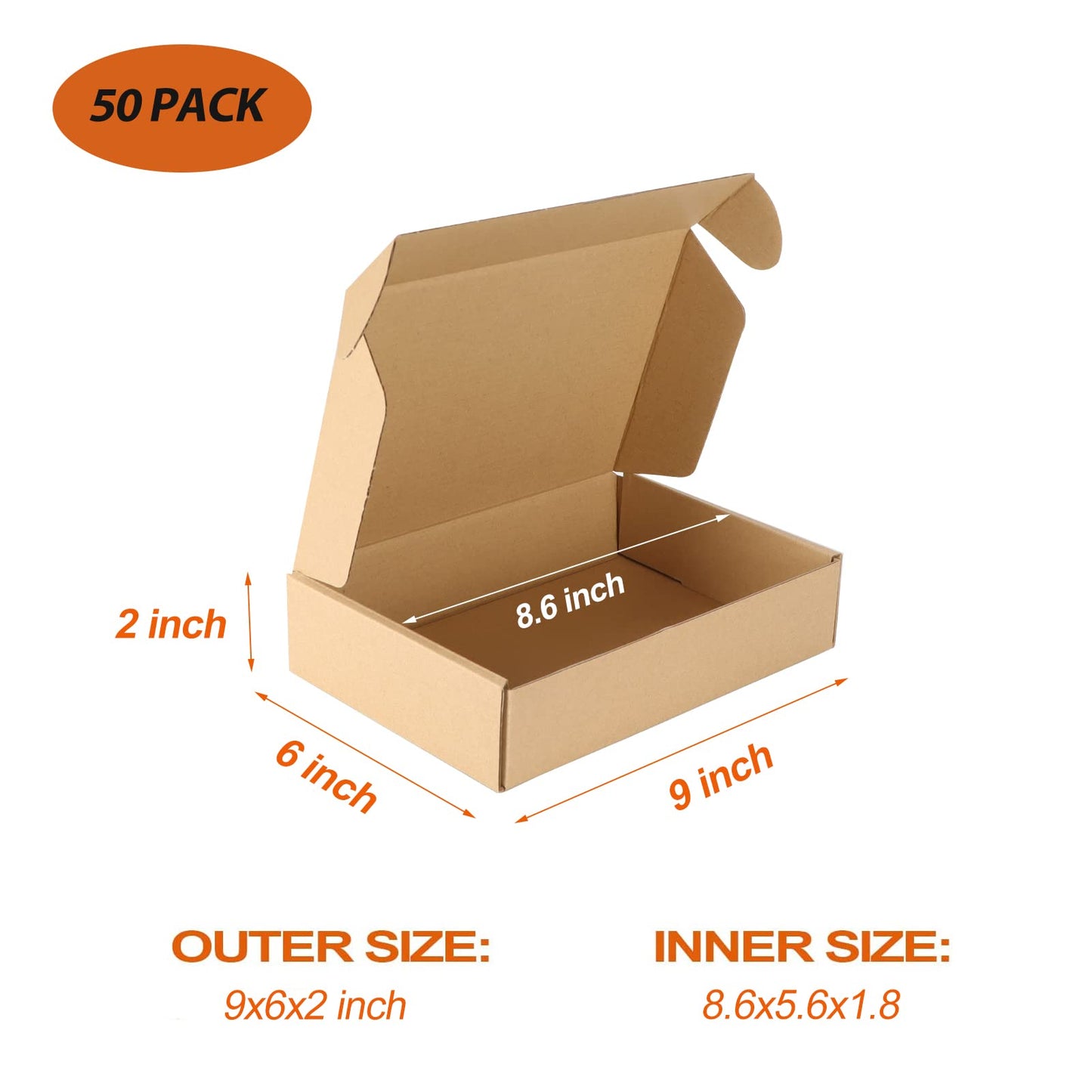 PHAREGE 9x6x2 inch Shipping Boxes 50 Pack, Brown Cardboard Gift Boxes with Lids for Wrapping Giving Women Men Presents, Small Corrugated Mailer Boxes for Packaging Mailing Small Business