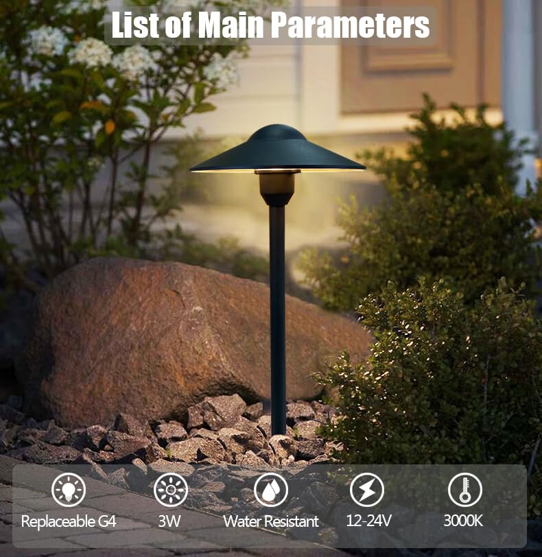 Muguski Low Voltage Pathway Lights,Cast Aluminum Landscape Lighting Path Light Garden Driveway Walkway Lighting 12-24V Replaceable G4 LED Bulb Wire Connectors Included 2-Pack Black Finish Round Hat