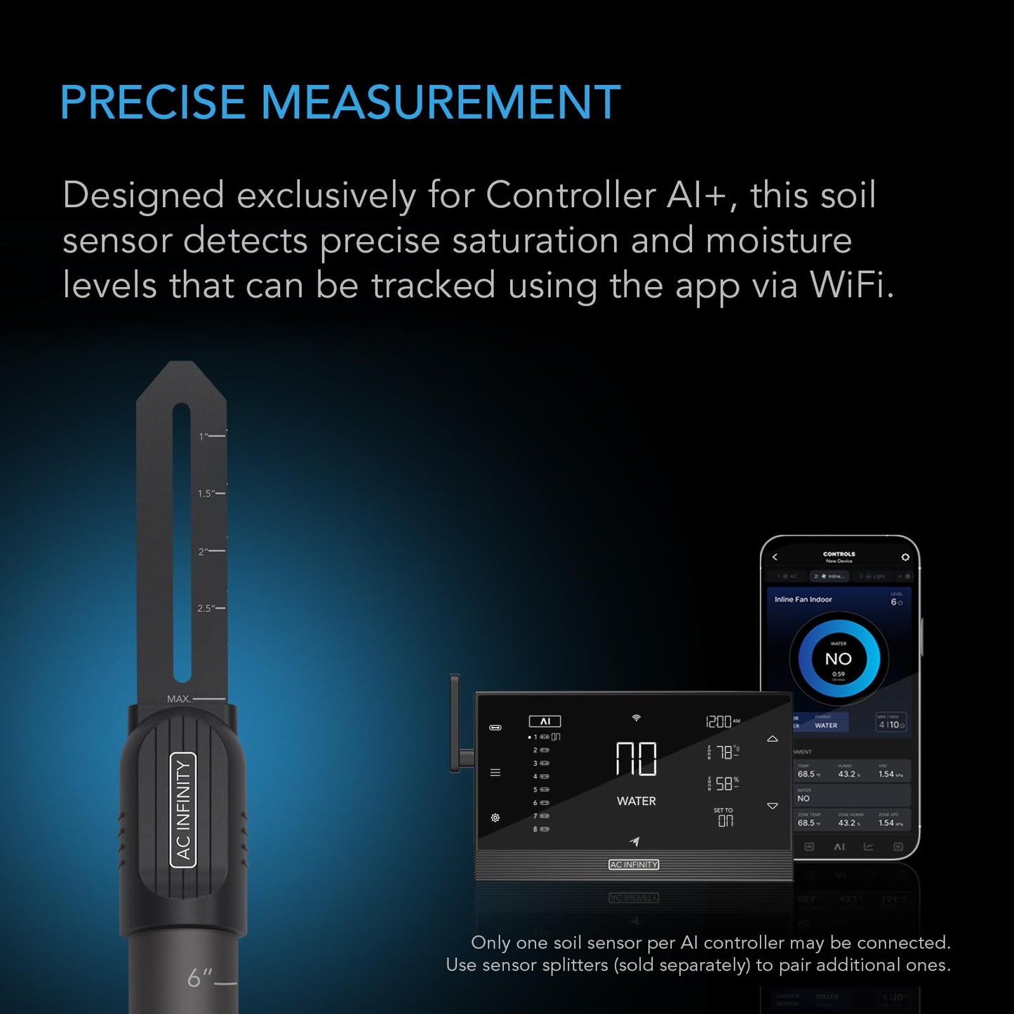 AC Infinity Soil Sensor Probe Exclusively for AI Controllers, Monitor Moisture & Saturation for Gardens, Grow Tents, Grow Spaces, Detachable Stem, IP67 Seal Protection