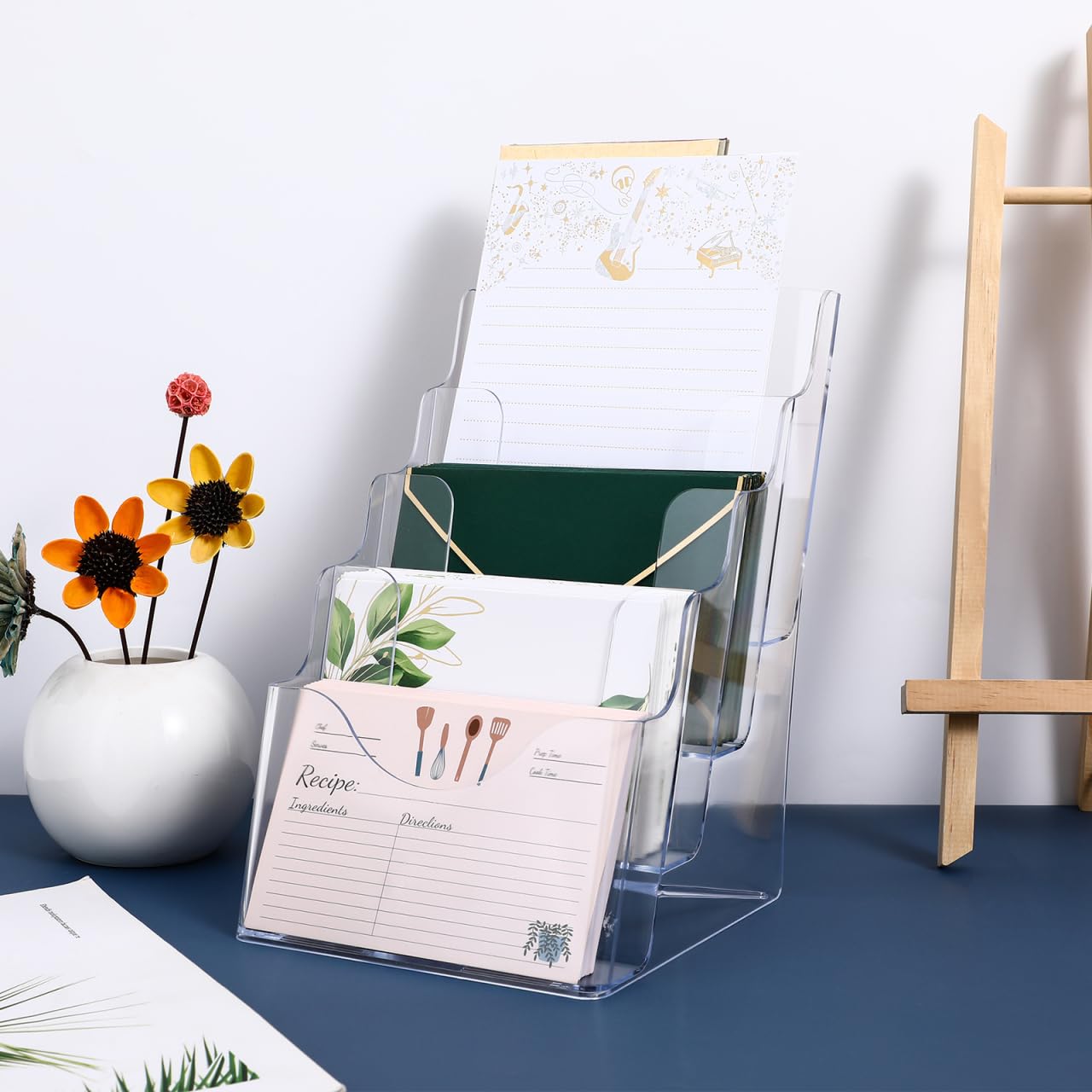 Tofficu Multi-Tier Literature Holder Clear Acrylic Brochure Display Stand 4-Slot File Organizer Desktop Rack for Office Home Counters 9.92X6.69X6.41 Inch
