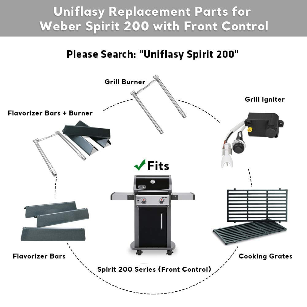 Uniflasy 7635 Flavorizer Bars and 69785 Grill Burner Tubes for Weber Spirit I & II 200 with Front Control, Spirit E210, E220, S210, S220, for Weber 15.3 Inch 7635 Flavor Bars and 69785 Burner Pipe