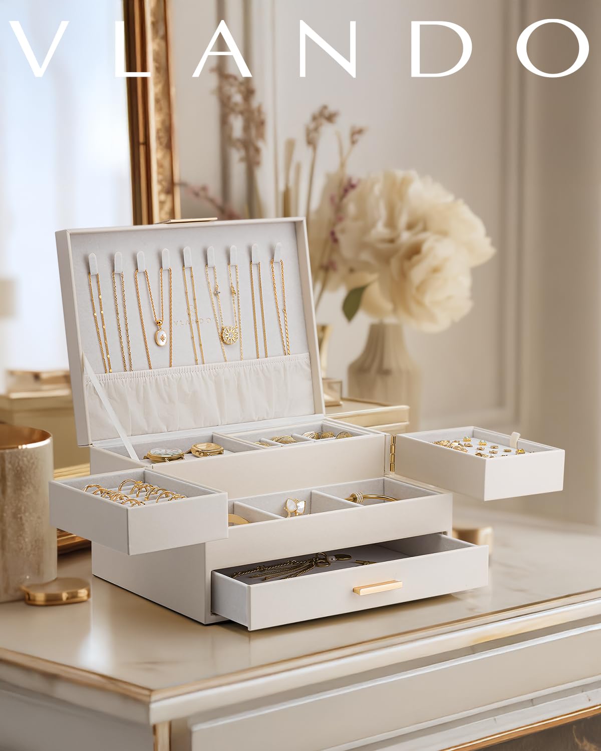 Vlando Jewelry Boxes for Women,3 Layers Jewelry box Organizer With Expandable and Removable Tray,Jewelry Organizer Box for Earring,Ring,Necklace,Bracelets,Beige