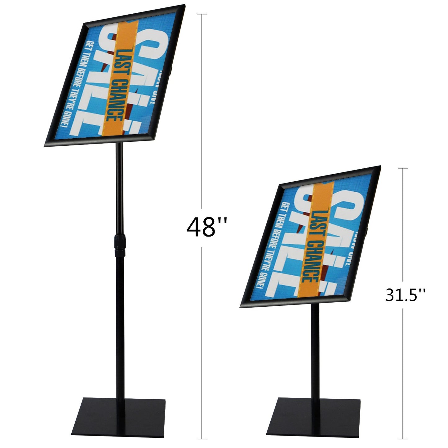 T-SIGN Adjustable Heavy Duty Pedestal Poster Stand, Square Steel Base, 11 x 17 Inch Aluminum Snap Open Frame, Vertical and Horizontal Displayed, Black