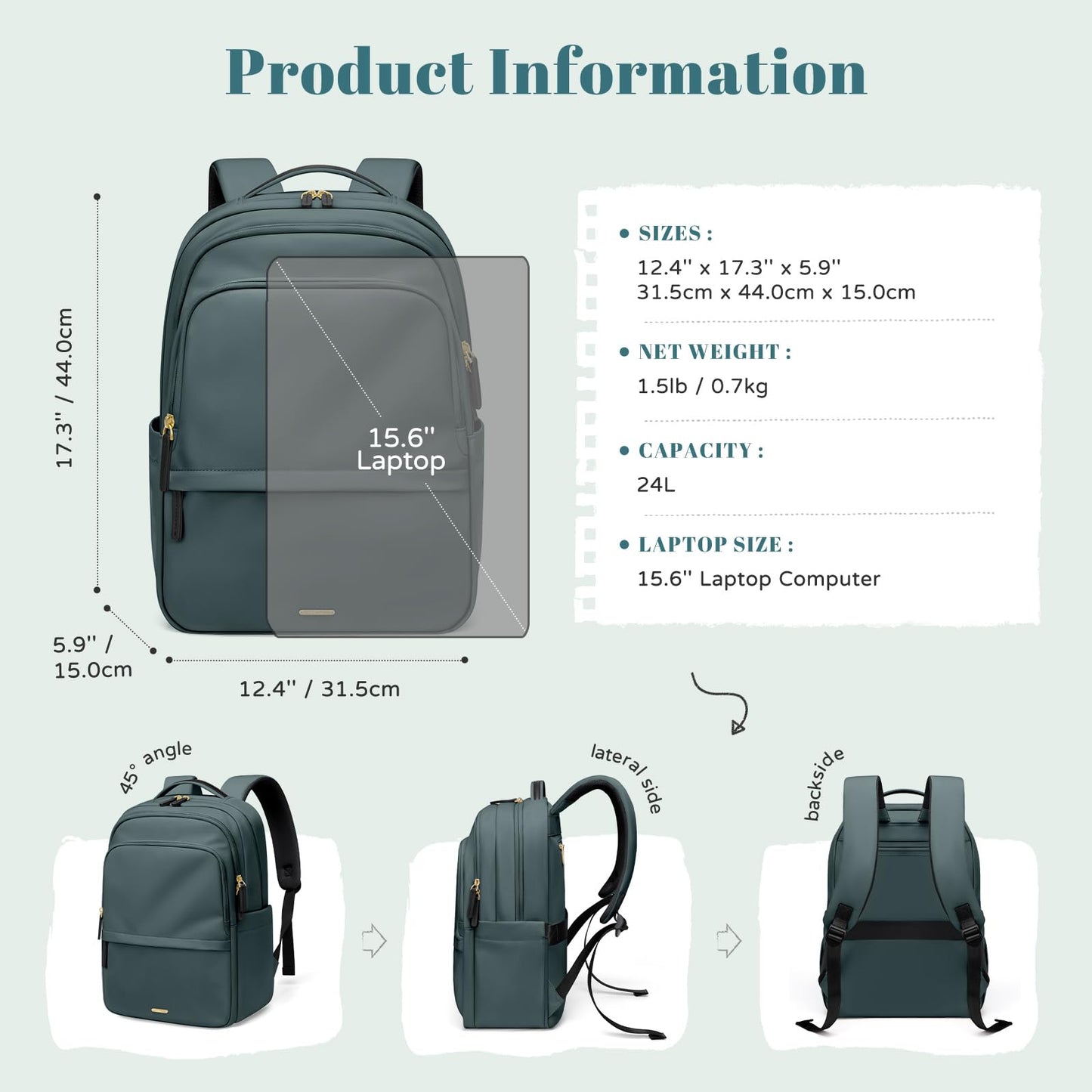 Multifunctional Laptop Backpack for Work Travel Leisure Water-Resistant Multiple Compartments Business Backpack for Women Fits 15.6 Inch Notebook (Atrovirens)