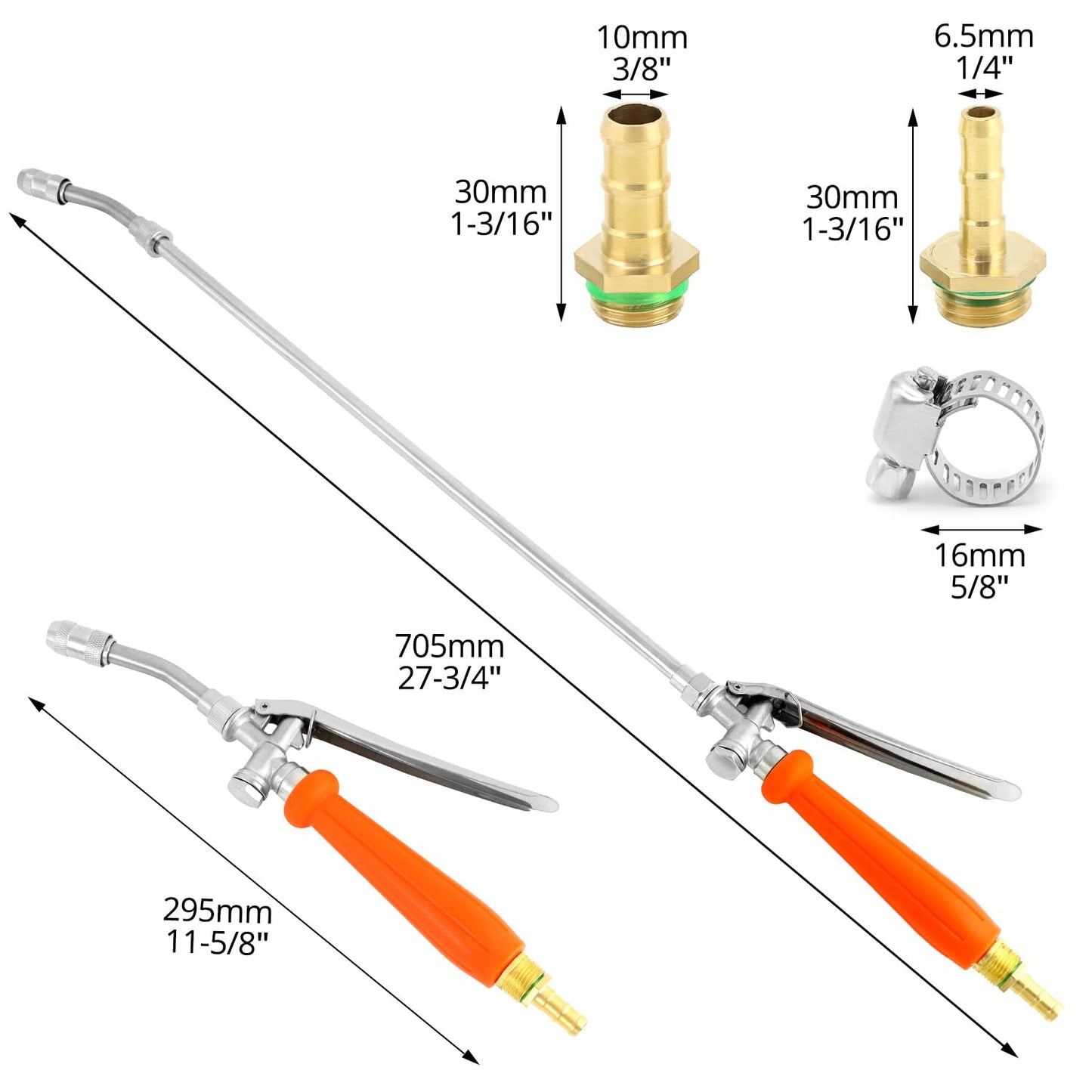QWORK 2Pcs All Metal Replacement Sprayer Wand Kit - 29 Inch, Adjustable Nozzle, Brass Barbs Match 3/8'' & 1/4'' Hoses, Universal Sprayer Wand with Shut off Valve & 2 Hose Clamps