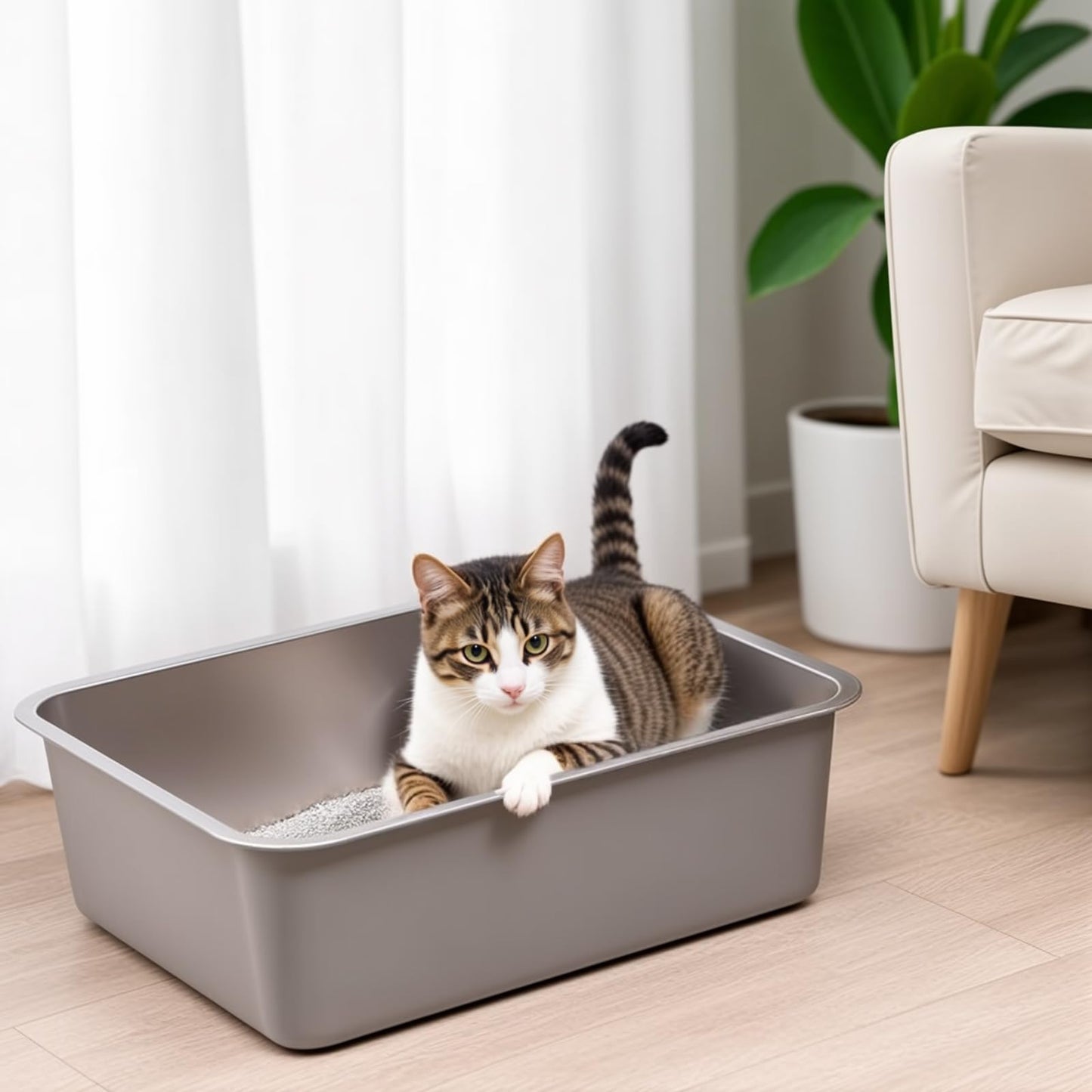 Stainless Steel Litter Box, High Sided Large Metal Cat Litter Boxes Easy Clean, Non Stick No Smell Cat Litter Box for Adult Cats/Kitty/Kitten