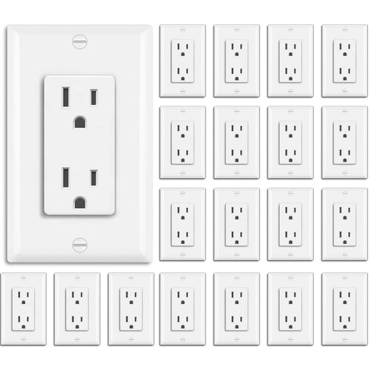 BESTTEN 20 Pack - 15 Amp Decorator Wall Receptacle Outlet, Non-Tamper-Resistant, Standard Outlet for Residential & Commercial Use, 15A/125V/1875W, Decorative Wallplate Included, cUL Listed, White