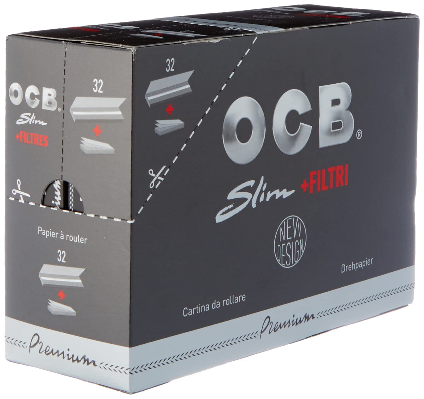 OCB Premium Black Rolling Papers Slim + Filters (44mm x 109mm) - 32 Packs of 32 Papers + 32 Filters