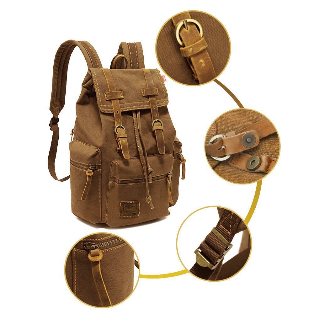 Koolehaoda Vintage Canvas Backpack Leather Rucksack Knapsack Unisex Casual Backpack 17inch Laptop Backpack Hiking Bag(L Khaki)